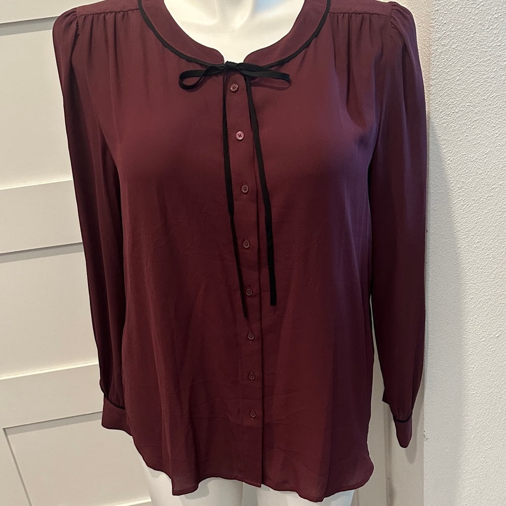 LOFT Burgundy Blouse with Black Tie Accent
